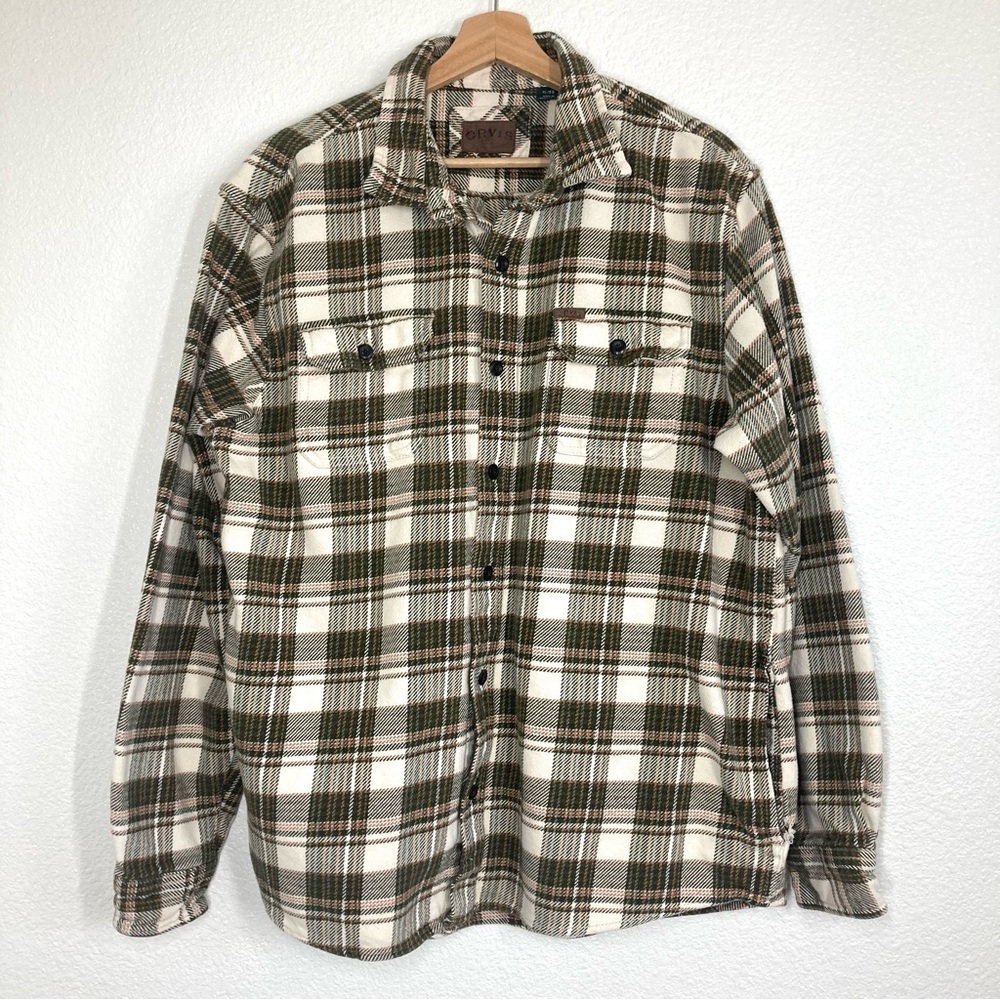 Orvis Flannel Shirt Mens XL Cream Plaid Long Sleeve Shacket Heavy Cottage Cabin